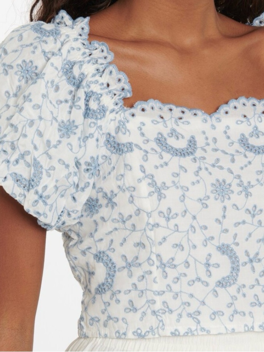 LoveShackFancy Blue Floral Puff-Sleeve Crop Top